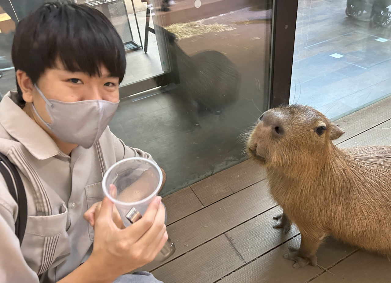 コップの中のエサが空になった筆者と、それを見つめるカピバラ