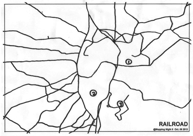 みんなで、鉄道路線だけが示してある首都圏の白地図に、「1．スカイツリー」「2．東京タワー」「3．カルチャーカルチャー」の位置を描き込んだ。