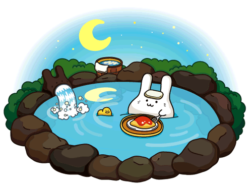 露天風呂で洋食。イラストのうまさに反してシチュエーション設定が謎だ。(miniyama「温泉でオムライス」)