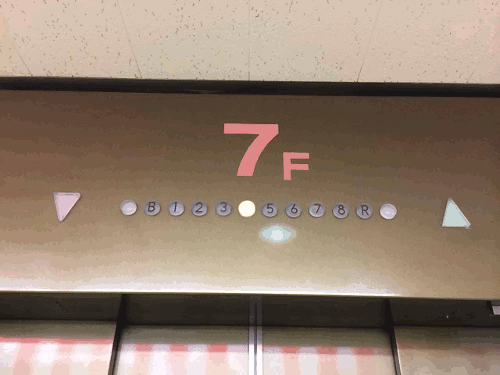 めちゃくちゃめでたい7階到着。横山「標識系ですね」福島「ゲームセンターっぽい」天久「７F、すごいフロアなんだろうね。なにがあるんだ」(えすふじ「エレベーター」)