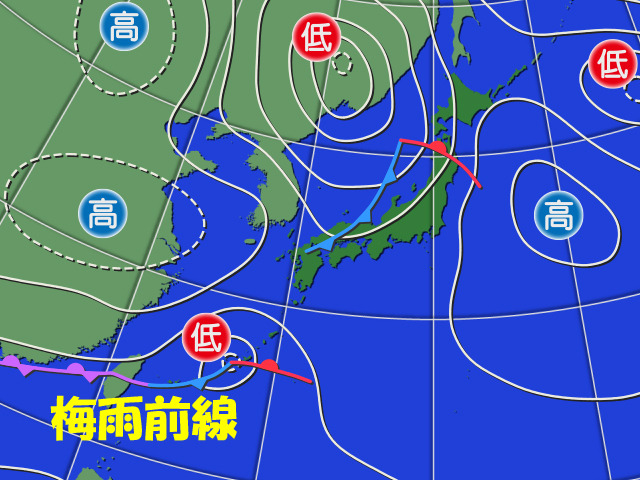 5日午前9時の天気図。沖縄は梅雨入り。梅雨前線としばらくのお付き合いに。