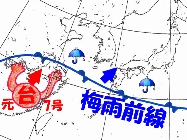 元・台風7号の熱帯空気が、梅雨前線を押し上げ、本州付近は雨の降る日が出てくる。