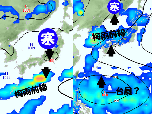 左：30日（月）、右：7月6日（日）、雨の予測。30日は寒気が梅雨前線を南へ。6日には台風が梅雨前線を北へ？