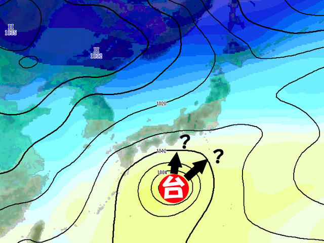 台風20号は、冷たい空気（青い所）を突っ切って北上？それとも、跳ね返されて東へカーブ？