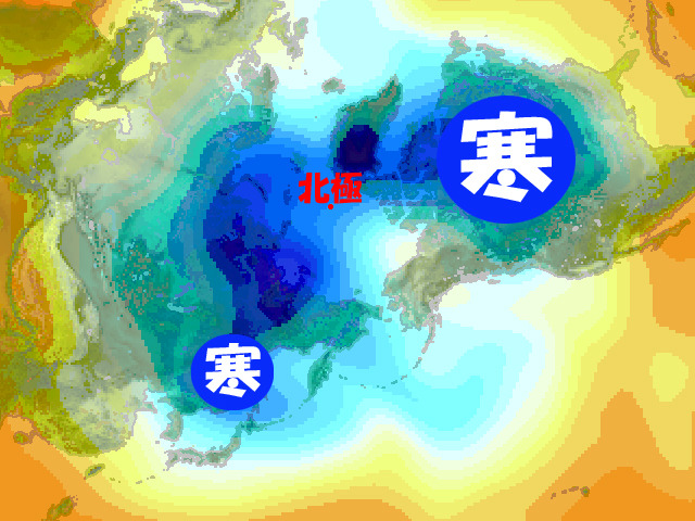 今週後半の寒気の予測。強烈な寒気は北米へ。シベリアにも強烈な寒気があるが、今週は小さな寒気だけが日本へ。