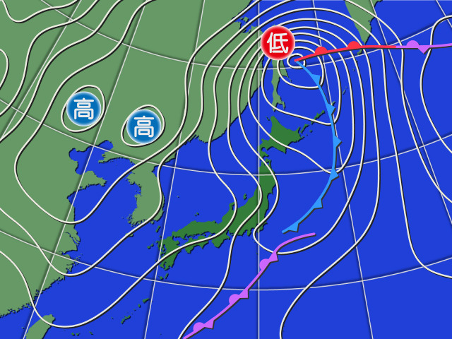 今年、東京と近畿で木枯らし1号が吹いた日の天気図。あまりきれいじゃないけど、西高東低の冬型の気圧配置。