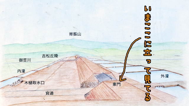「官道」と書かれている道が現在の県道。公園にあった看板より（(c)太宰府市教育委員会）