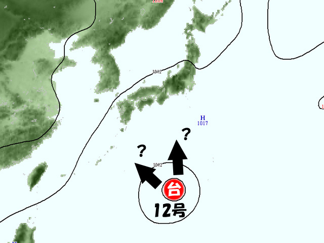 接近中の台風12号。等圧線が少なく、あまり強くない。もちろん油断できないが。