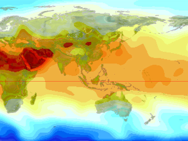 世界の今の気温。濃い赤ほど高温。日本はアフリカや中東に比べればマシだが…暑いものは暑い。