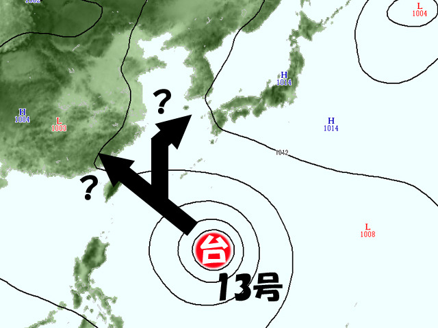 台風13号が、どこに進むか？本州付近に少しでも雨雲がくれば、高温はやや落ち着くが…。