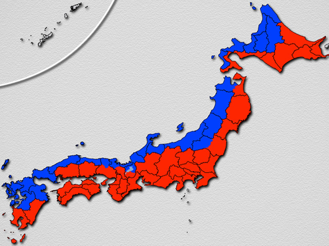 青が「日本海側」、赤が「太平洋側」。