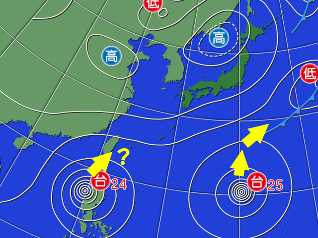 じわじわ北上中の台風24号・25号。25号は小笠原から東へカーブ。24号はしぶとそう。