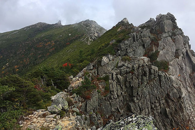 奥にある岩の辺りが金峰山のピーク。稜線の左側は長野県、右側は山梨県である。
