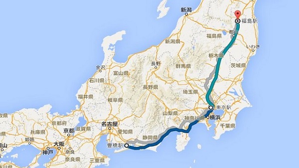 豊橋、福島ともに都内からは約300km。豊橋までは5時間、福島までは4時間くらいで行ける。