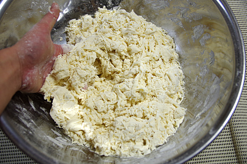小麦粉に塩を溶かした水を少しずつ加えて、その水を触らないように手早く混ぜていく。