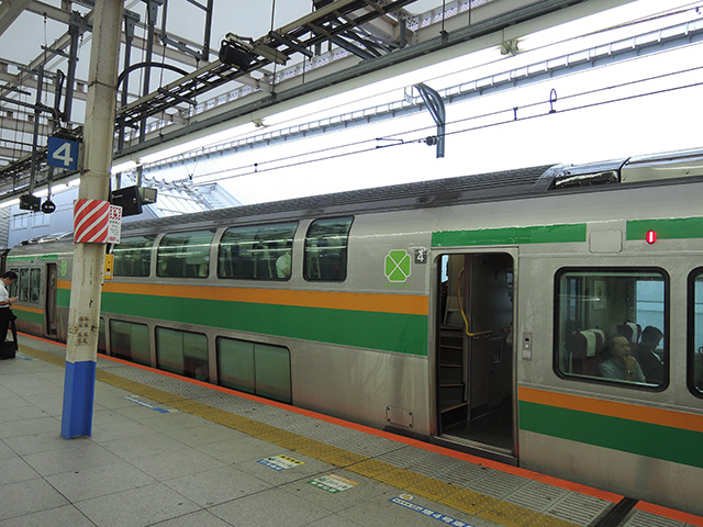 2階建てのデザインが特徴的な湘南新宿ライングリーン車