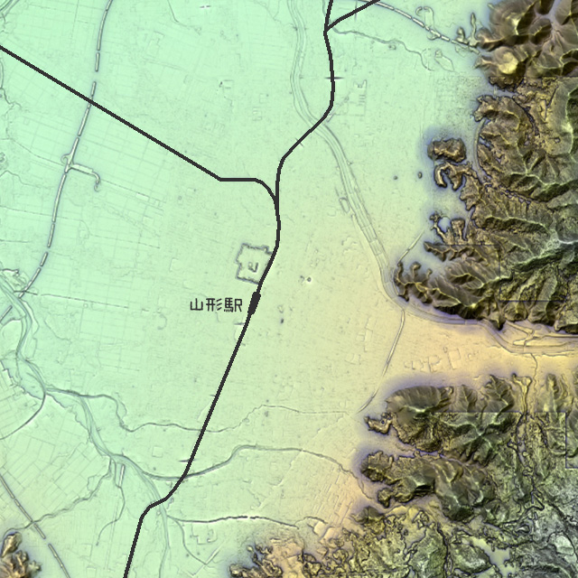 「ザ・扇状地」としか言いようのない見事な地形（iPhoneアプリ「カシミール3D・スーパー地形</a>」に表示された国土地理院の基盤地図情報データをキャプチャ・加筆加工）