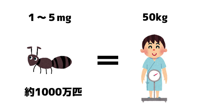 人間１人にたいしてアリは1000万匹で同じくらい。人間と総体重が同じになるってことだけど、アリが世界で何匹いるのか想像もつかない