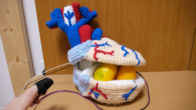 「心拍にあわせて心臓模型を動かしたい。編み物が得意なので編み物で作りたい」ここまではわかります。「それを使って浅漬けを揉みたい」えっ！？