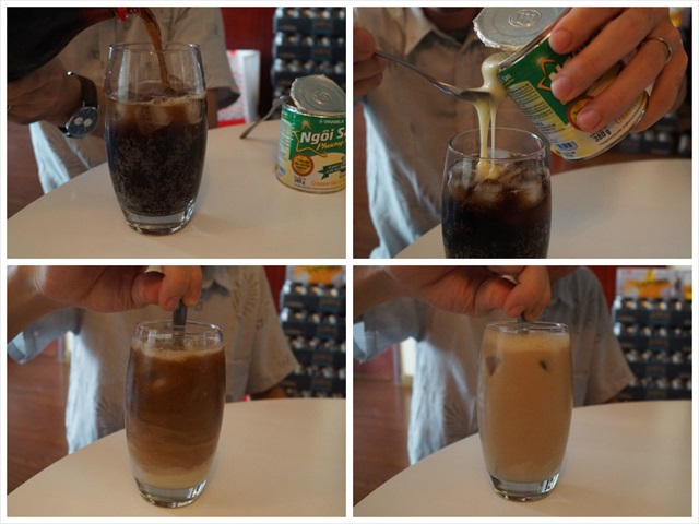 作り方はZの順番で、氷の入ったグラスにコーラを4/5まで投入→練乳を1/5ほど投入→底に溜まるので混ぜる→カフェラテになります。