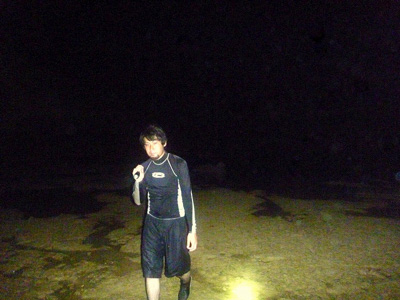 オニダルマオコゼは夜行性。夜の干潟を歩いて探す。とにかく、足元に注意。ミイラ取りがミイラになってはいけない。