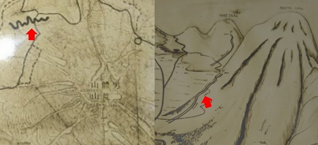 左がディスタンスコース図に書かれている太線。右が鳥瞰図に書いてあるスラロームコース（日光ニ於ケル冬季オリンピック施設計画書（栃木県）より）