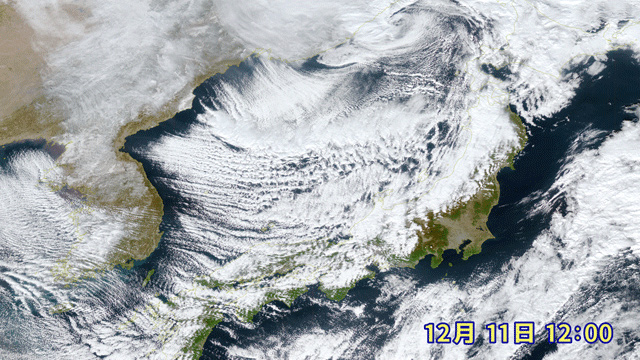 雪雲に埋まる日本列島。今回の冬将軍が強いというのがよくわかる一枚。