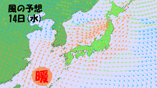 沖縄方面から、南風にのって暖かな空気が本州にも。水曜（14日）～木曜は、気温が上がりそうだ。