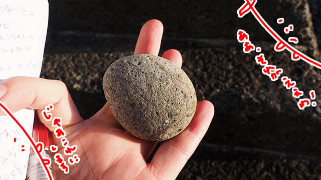 私が適当に拾った丸い石。池本さんは「それがええ！」と褒めてくれた。何十年も海に揉まれ角が取れた石だ。お土産に持って帰ろう