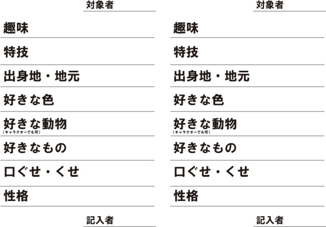 ゆるキャラの性格や色を決めるカードを作りました。キャラクター設定を記入するのではなく自分の事を記入するものです。あと、就職活動の自己分析シートではありません。