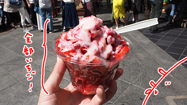ぜんぶ苺のスライスでできたかき氷。練乳との相性バツグンで500円するけど満足！