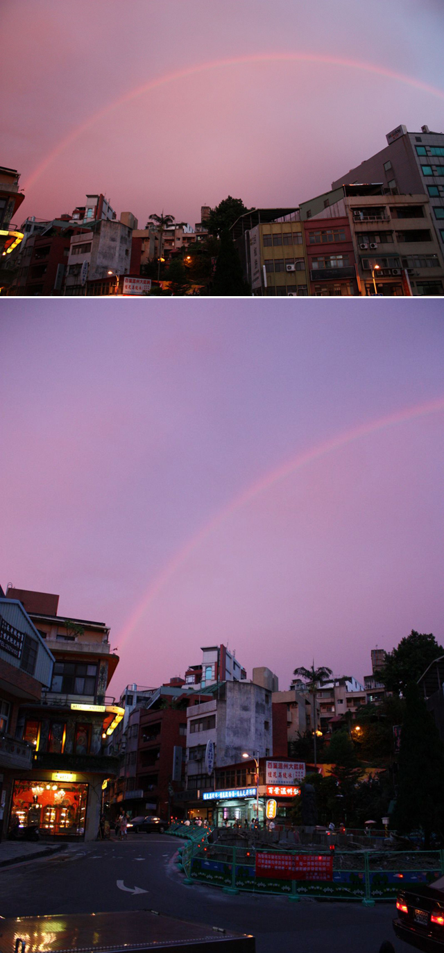 夕日に映える虹